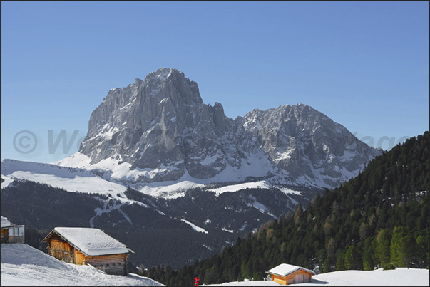 Sassolungo seen from the ski slopes of Seceda