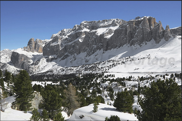 The rocky mountains of the Sella group seen from Sella Pass