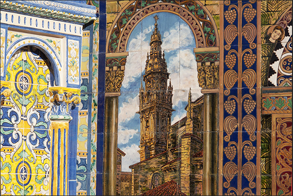 Sevilla, Plaza de Espańa (Spain Square). Decorations on the facades of buildings