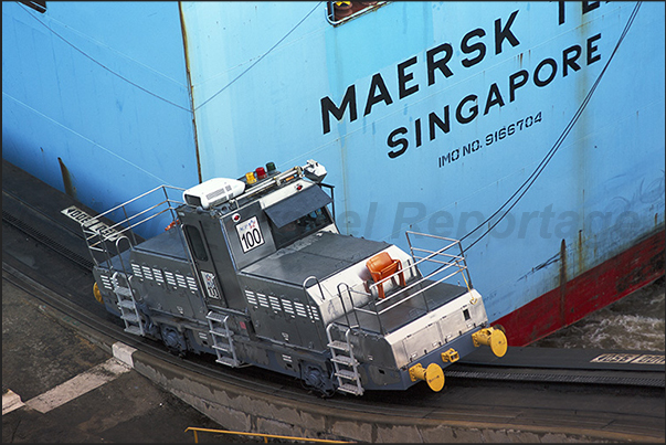 Panama Canal. Engines Train that help the ships overcome canal locks Panama Canal. Engines Train that help the ships overcome canal locks