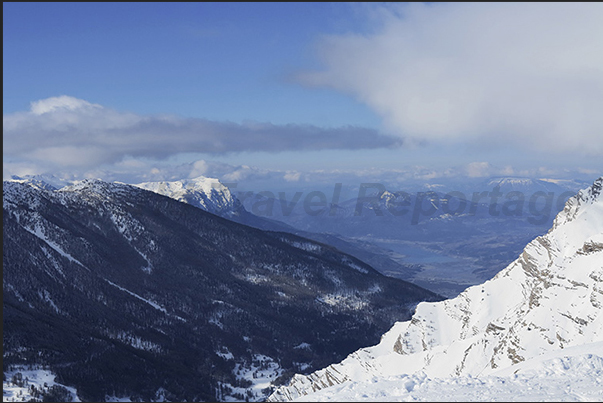 View from the Col de Crevoux (2530 m) and Serre Ponçon lake in the valley View from the Col de Crevoux (2530 m) and Serre Ponçon lake in the valley