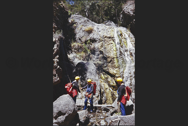 Canyoning in the Cirque de Cilaos park area, central area of the island Canyoning in the Cirque de Cilaos park area, central area of the island
