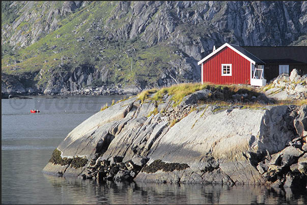 Moskenosoya island (Lofoten). there are numerous fishermen's houses along the coast, sometimes isolated and lonely Moskenosoya island (Lofoten). there are numerous fishermen's houses along the coast, sometimes isolated and lonely