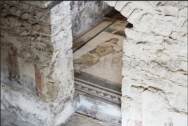 Entrance to the most famous room of the Roman villa, the room with the mosaic of women in bikinis Entrance to the most famous room of the Roman villa, the room with the mosaic of women in bikinis