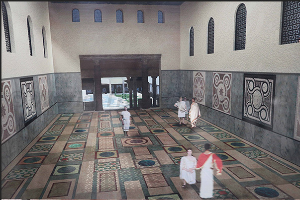 Computer graphic representation of the entrance to the basilica in Roman times Computer graphic representation of the entrance to the basilica in Roman times