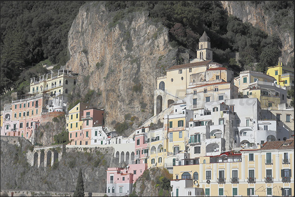 The colorful houses perched on the hillside of the charming town of Amalfi