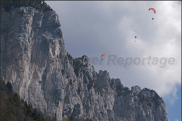 Flying over the mountain called Dents de Lanfon near Talloires Town Flying over the mountain called Dents de Lanfon near Talloires Town