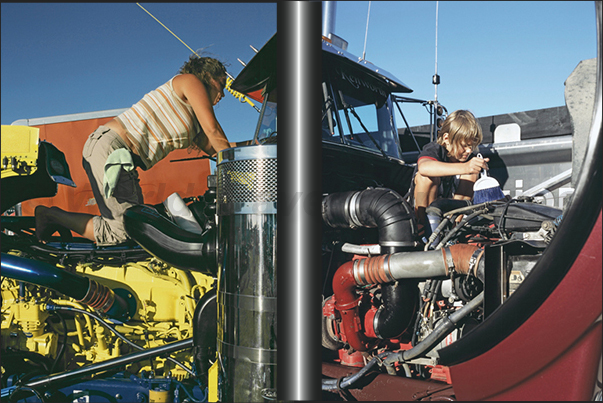 Preparations begin for the beauty contest. All truckers paint and clean their trucks. Not only the coachwork but also the motors Preparations begin for the beauty contest. All truckers paint and clean their trucks. Not only the coachwork but also the motors