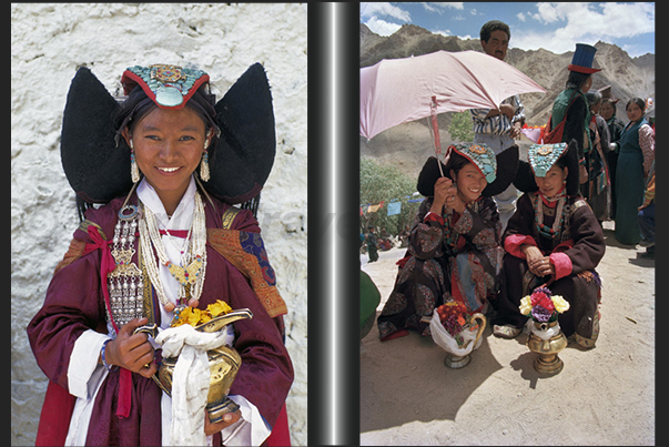 Women in traditional dress with, on the head, the headdress made ​​with turquoise stones Women in traditional dress with, on the head, the headdress made ​​with turquoise stones